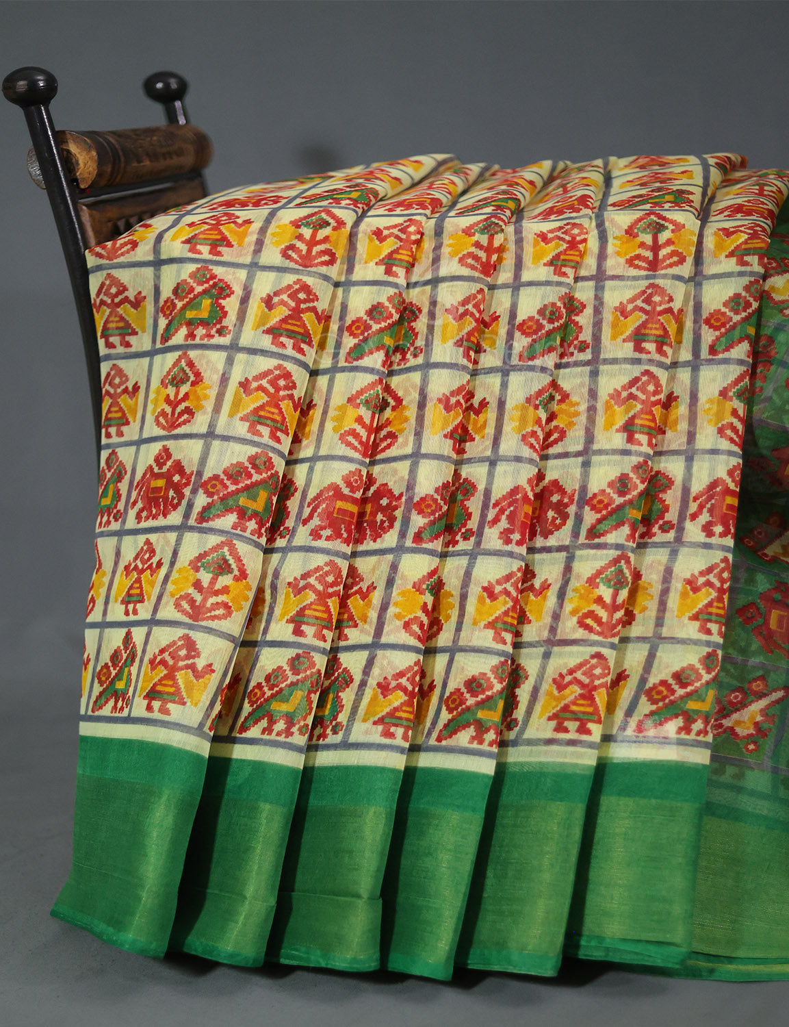 Shades of Lime Green And Mango Green Blouse Patola Print Semi Chanderi Saree By Gayathri Reddy Designer Studio | Grocsy