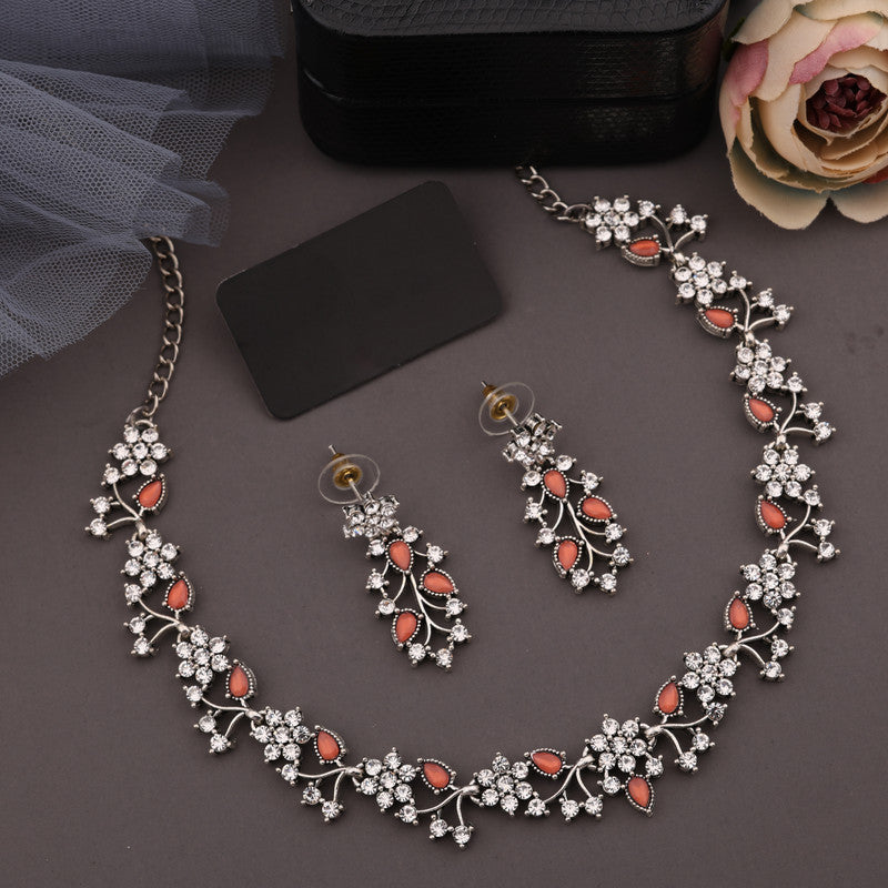 Tehzeeb Creations Silver Pleated White Diamond With Orange Beads Necklace Set | Grocsy