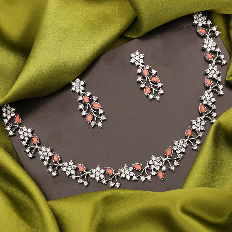 Tehzeeb Creations Silver Pleated White Diamond With Orange Beads Necklace Set | Grocsy