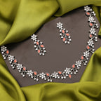 Tehzeeb Creations Silver Pleated White Diamond With Orange Beads Necklace Set | Grocsy