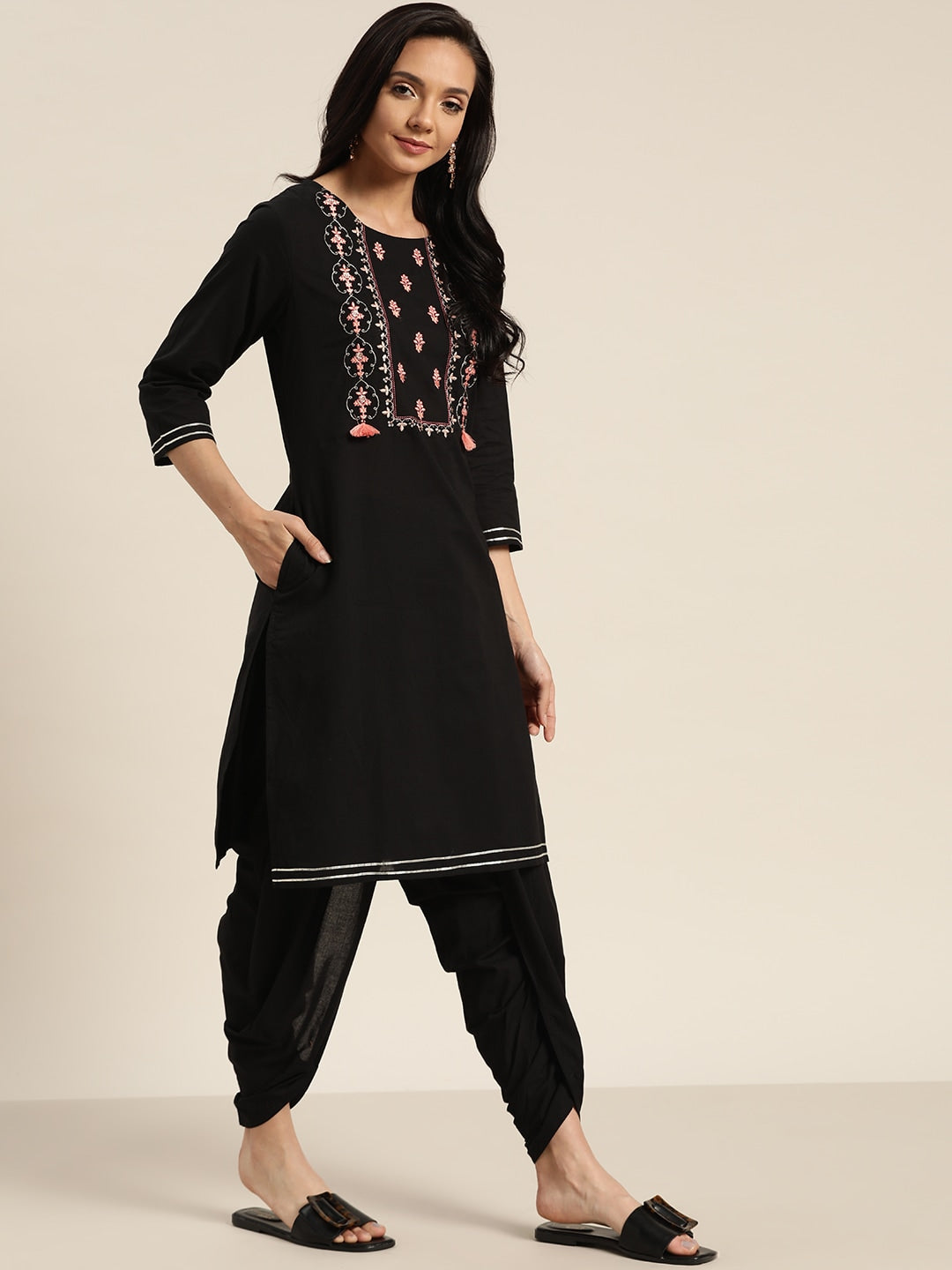 Sangria Women Black & Peach-Coloured Cotton Embroidered Straight Kurta with Dhoti Pants | Grocsy