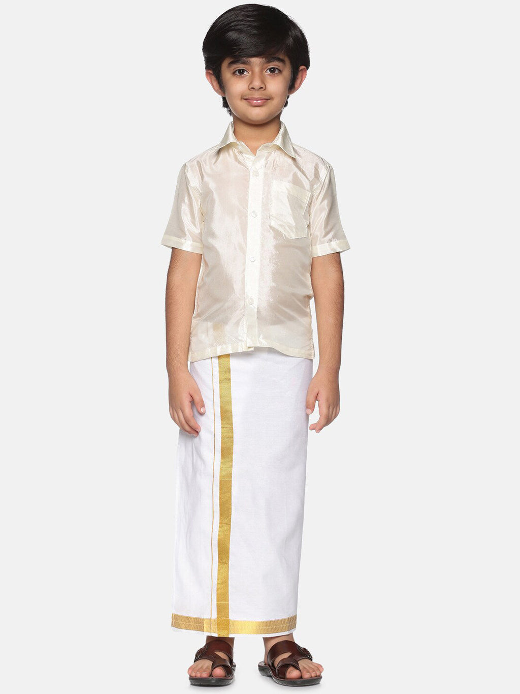 Sethukrishna Boys Cream-Coloured & Gold-Toned Shirt with Dhoti Set | Grocsy