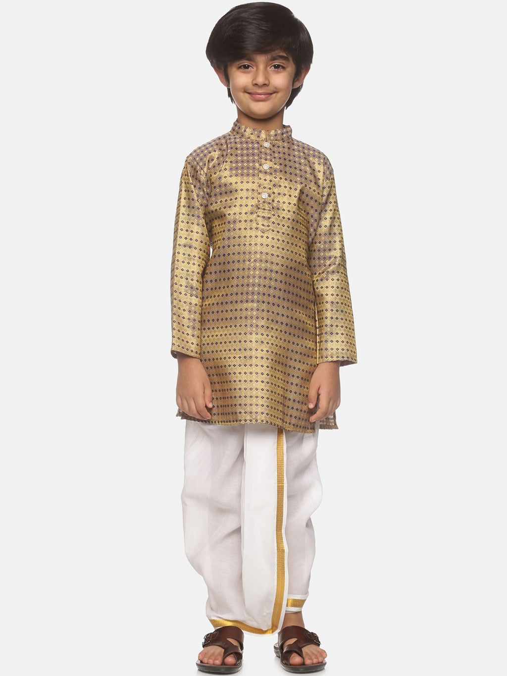 Sethukrishna Boys Gold-Toned Printed Angrakha Kurta with Dhoti Pants | Grocsy