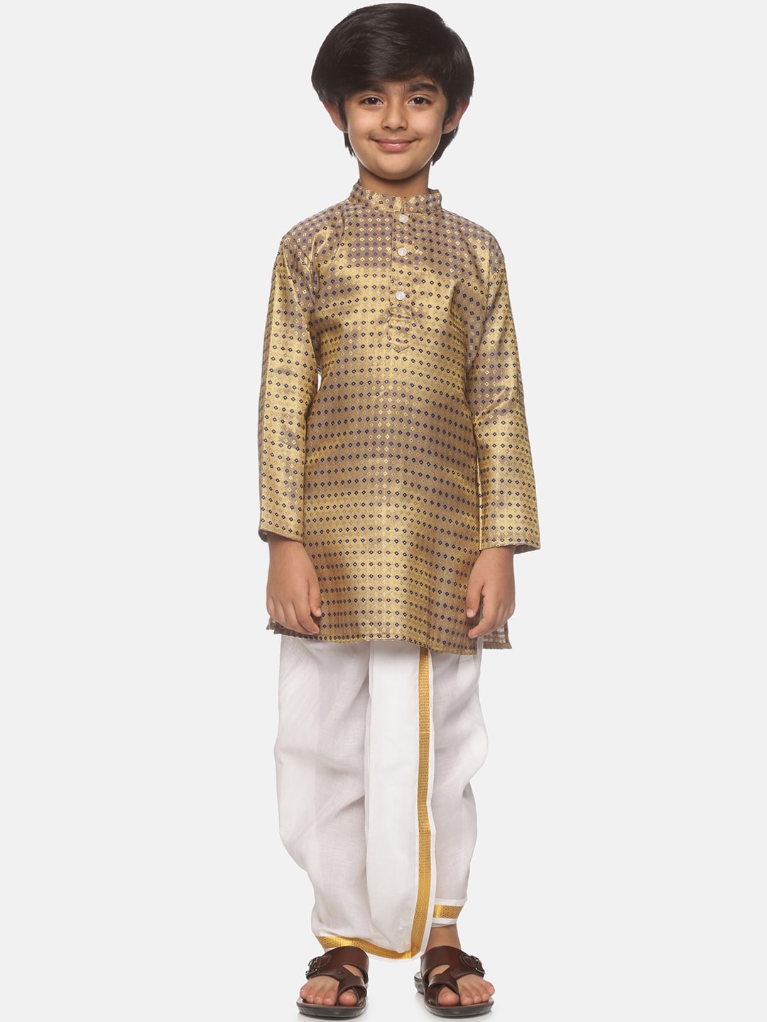 Sethukrishna Boys Gold-Toned Printed Angrakha Kurta with Dhoti Pants | Grocsy