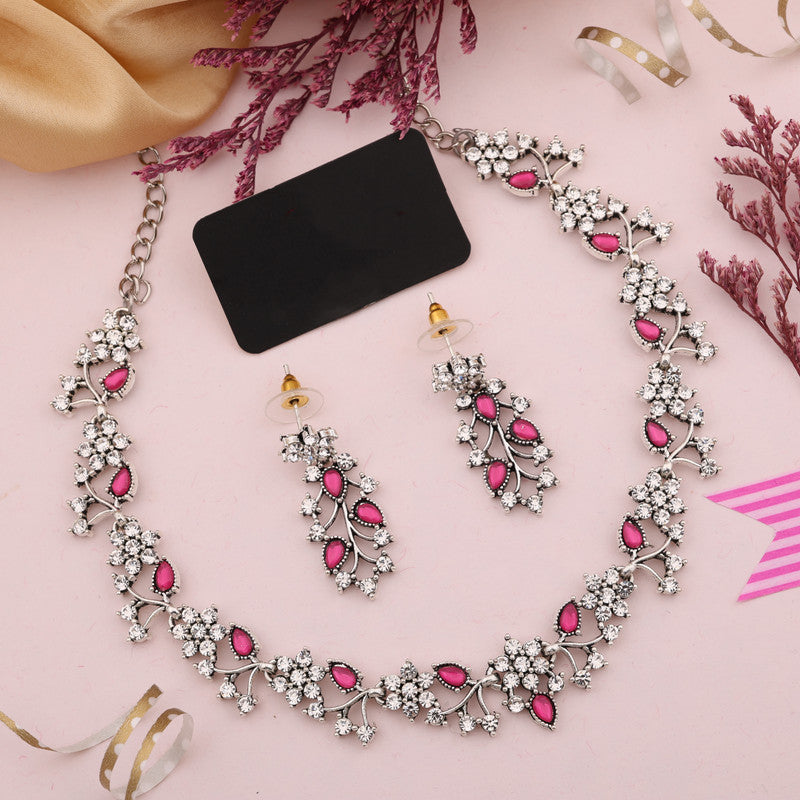Tehzeeb Creations Silver Pleated White Diamond With Pink Beads Necklace Set | Grocsy