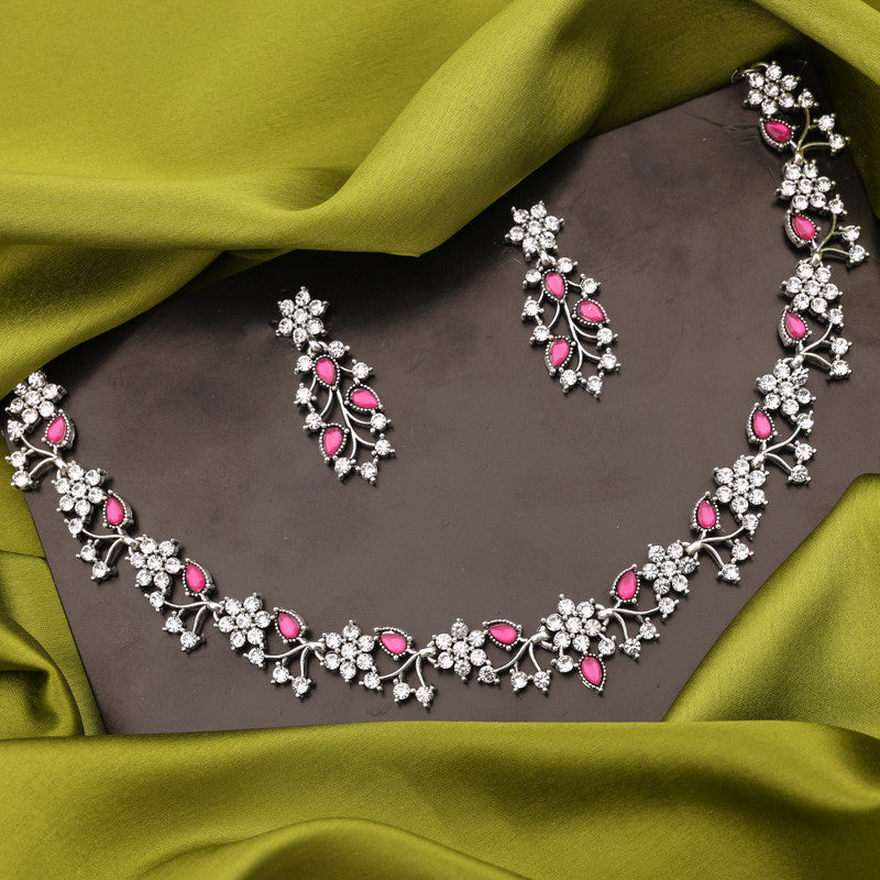 Tehzeeb Creations Silver Pleated White Diamond With Pink Beads Necklace Set | Grocsy