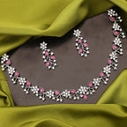 Tehzeeb Creations Silver Pleated White Diamond With Pink Beads Necklace Set | Grocsy