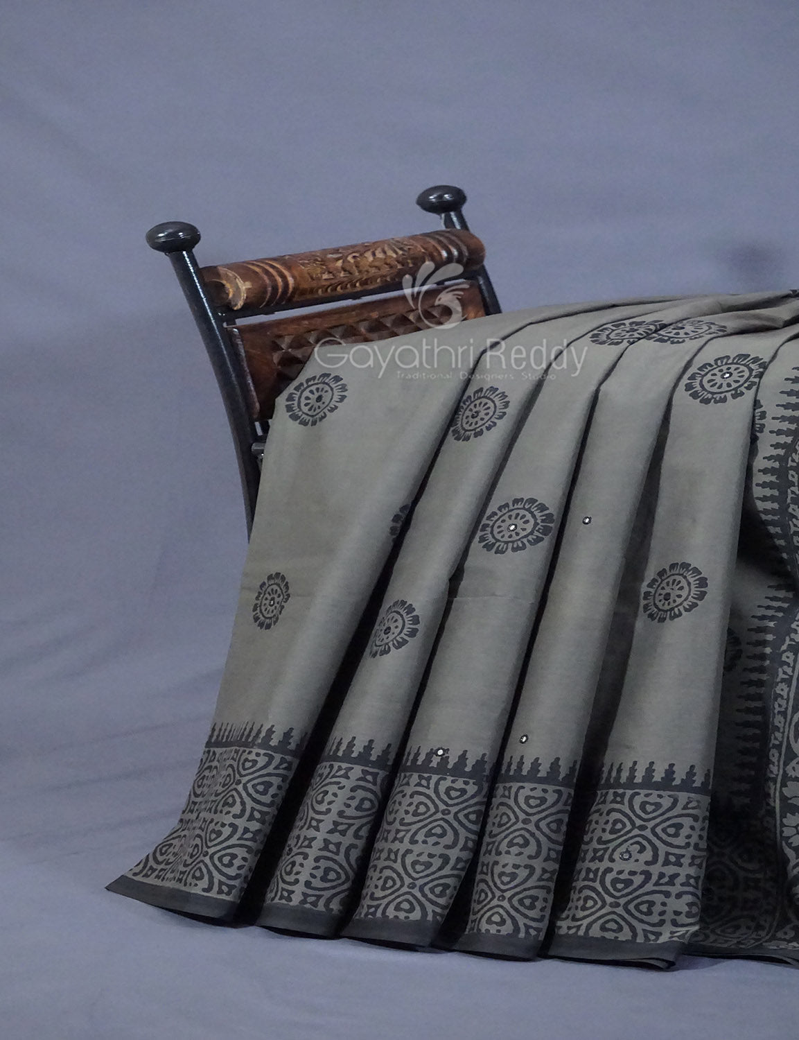 Grey Colour Block Print With Mirron Embroidered Pure Mulmul Cotton Saree By Gayathri Reddy Designer Studio | Grocsy