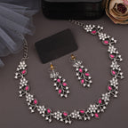 Tehzeeb Creations Silver Pleated White Diamond With Pink Beads Necklace Set | Grocsy