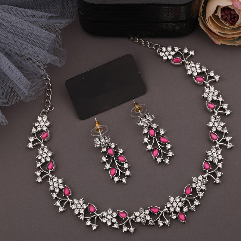 Tehzeeb Creations Silver Pleated White Diamond With Pink Beads Necklace Set | Grocsy