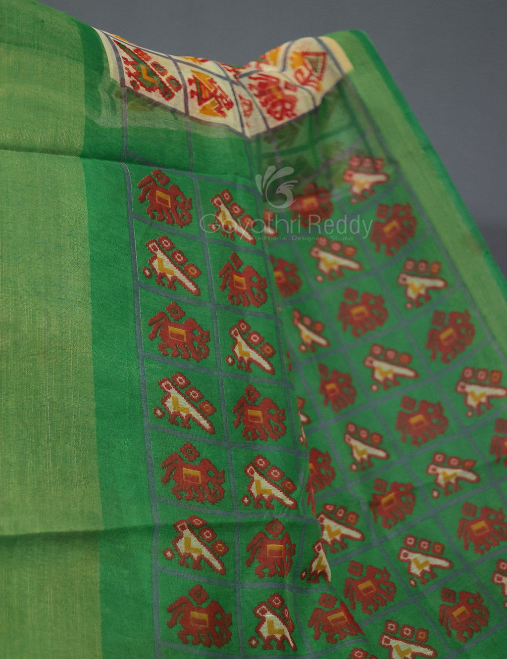 Shades of Lime Green And Mango Green Blouse Patola Print Semi Chanderi Saree By Gayathri Reddy Designer Studio | Grocsy