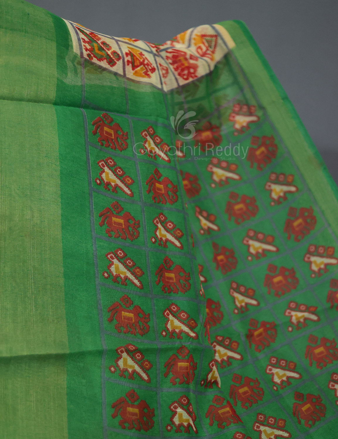 Shades of Lime Green And Mango Green Blouse Patola Print Semi Chanderi Saree By Gayathri Reddy Designer Studio | Grocsy