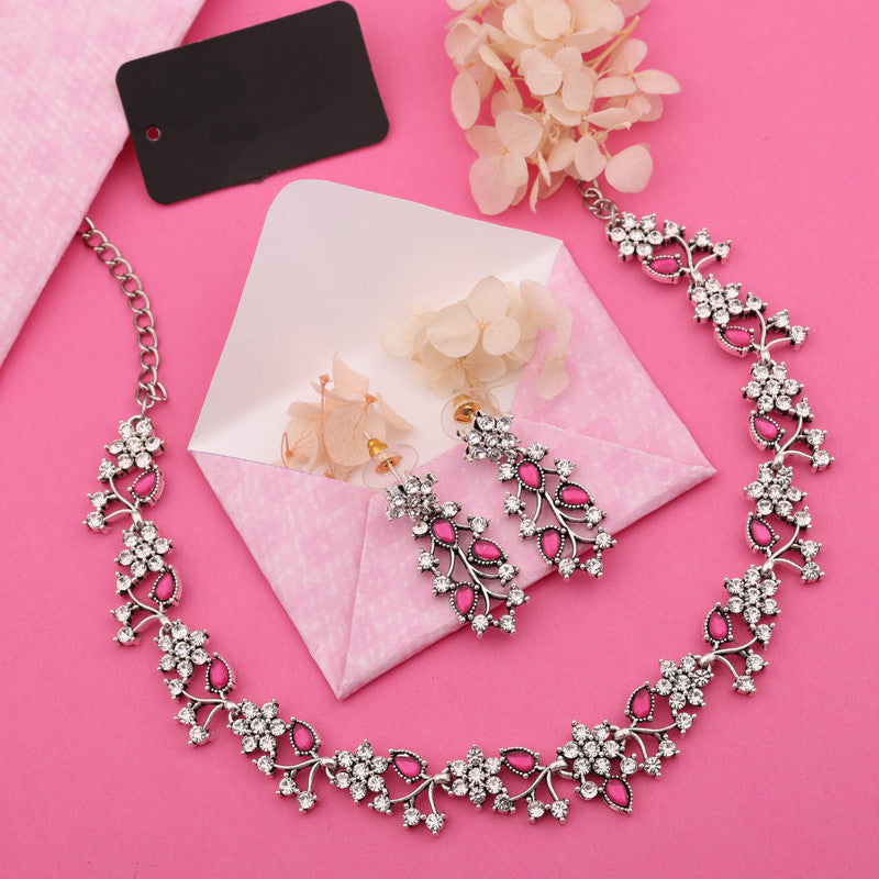 Tehzeeb Creations Silver Pleated White Diamond With Pink Beads Necklace Set | Grocsy