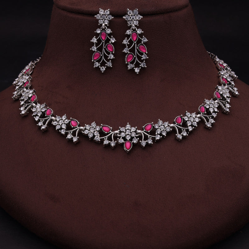 Tehzeeb Creations Silver Pleated White Diamond With Pink Beads Necklace Set | Grocsy