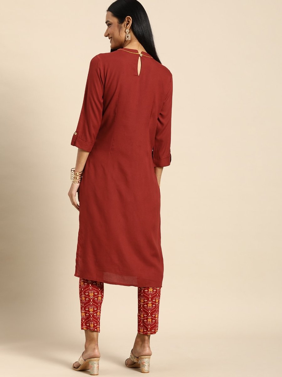 All About You Women Red Floral Embroidered Regular Thread Work Kurta with Trousers | Grocsy
