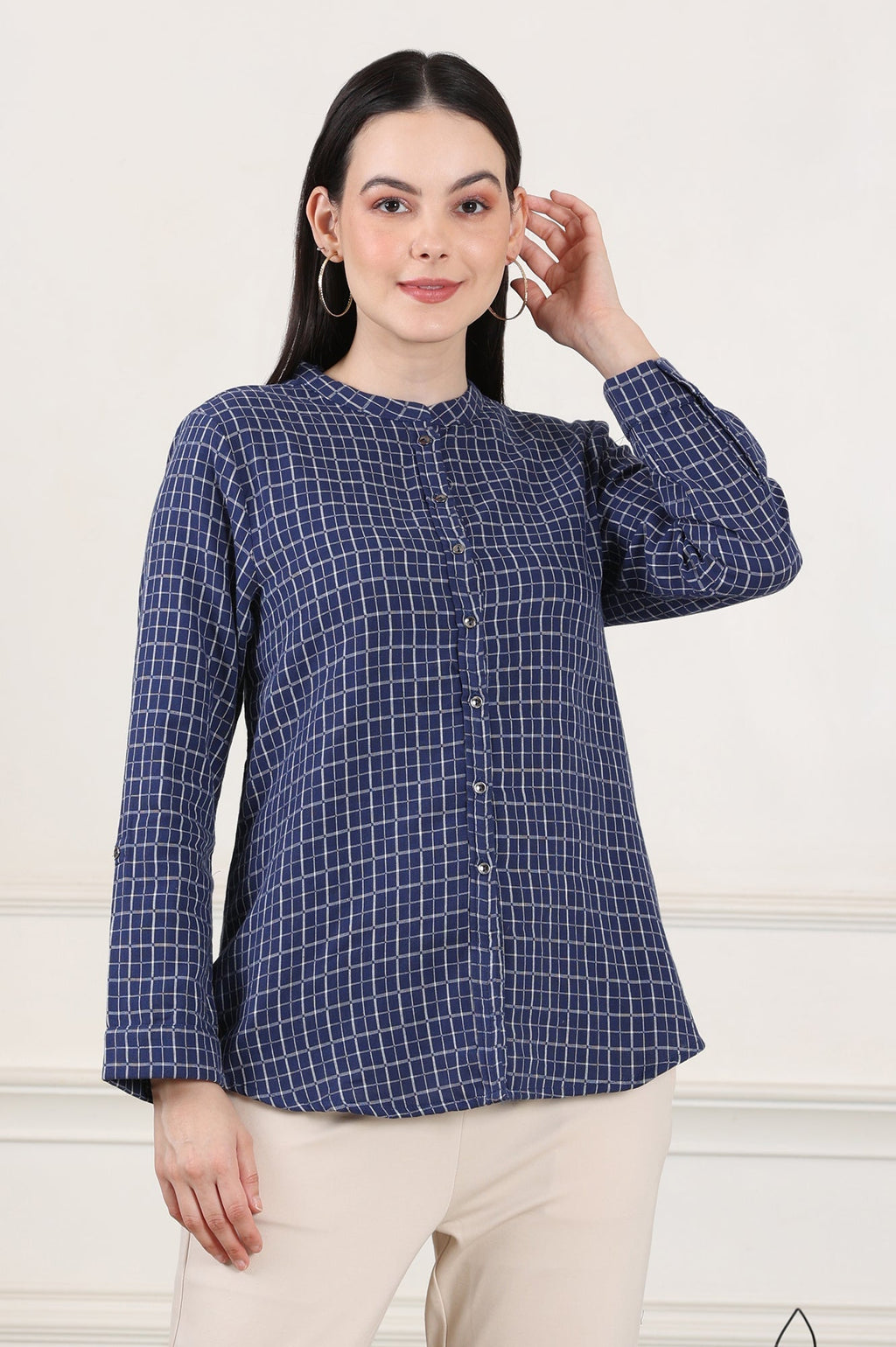 W for Woman Blue Check Printed Pure Cotton Western Top | Grocsy