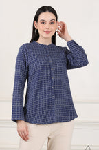 W for Woman Blue Check Printed Pure Cotton Western Top | Grocsy