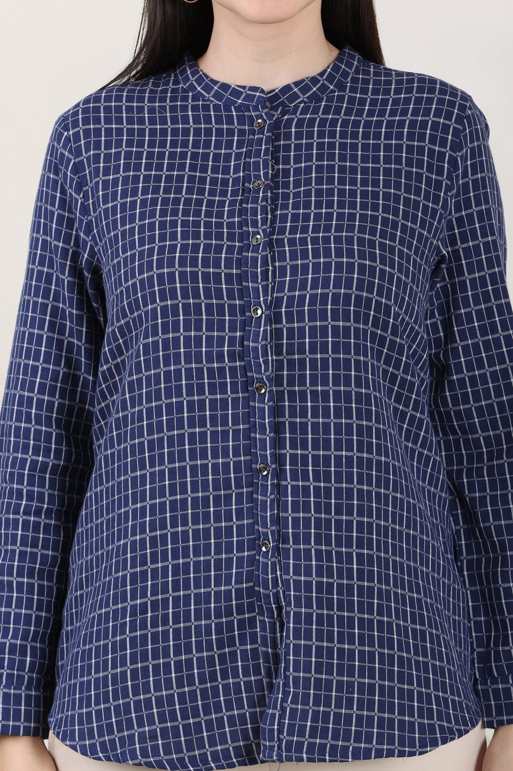 W for Woman Blue Check Printed Pure Cotton Western Top | Grocsy