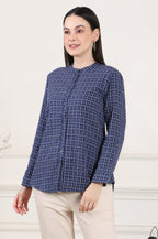 W for Woman Blue Check Printed Pure Cotton Western Top | Grocsy