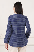 W for Woman Blue Check Printed Pure Cotton Western Top | Grocsy
