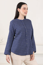 W for Woman Blue Check Printed Pure Cotton Western Top | Grocsy