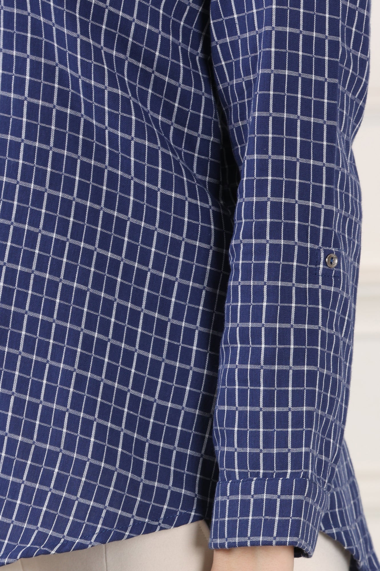 W for Woman Blue Check Printed Pure Cotton Western Top | Grocsy