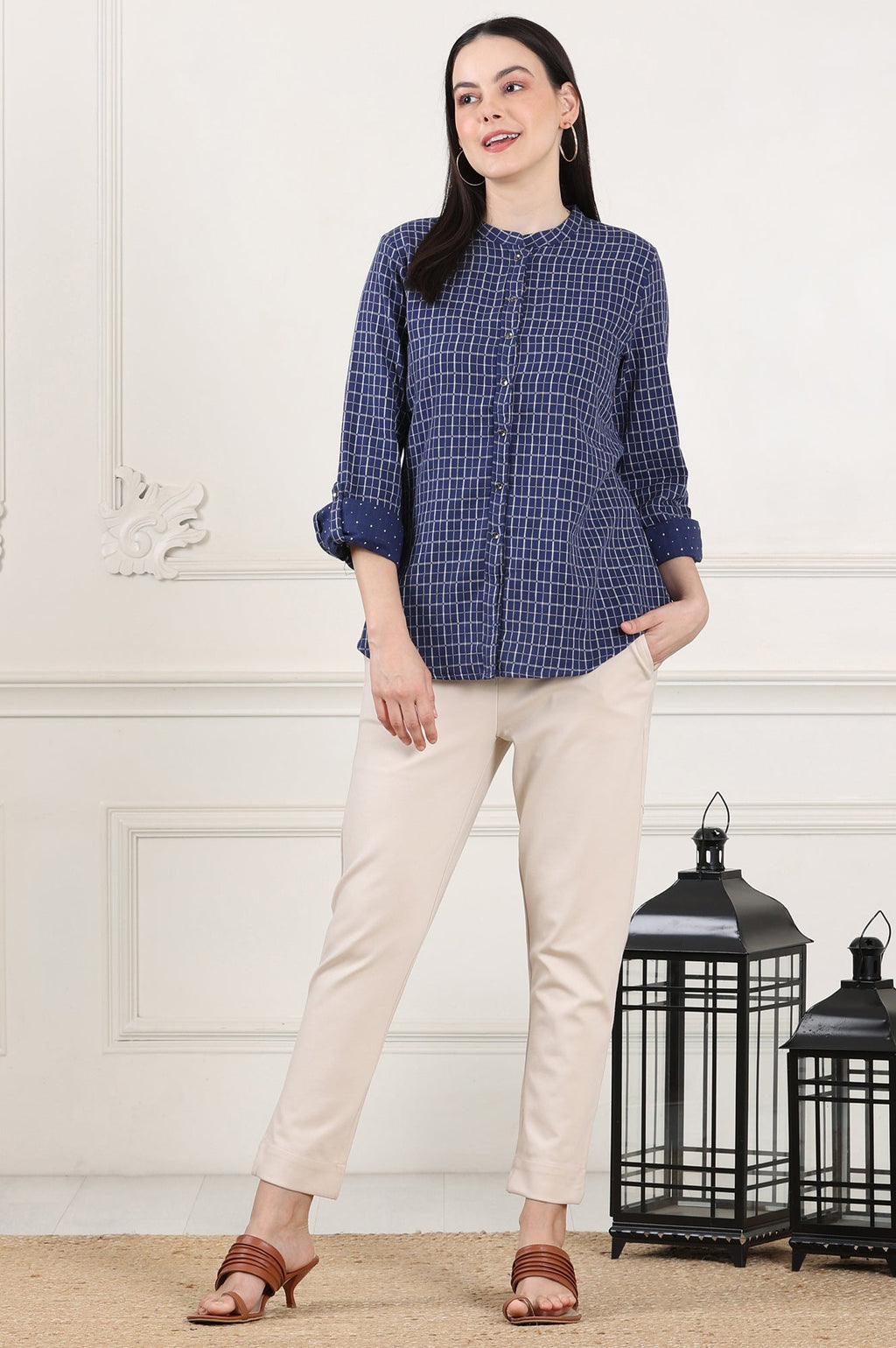 W for Woman Blue Check Printed Pure Cotton Western Top | Grocsy