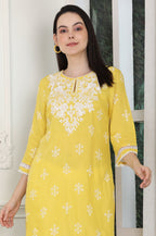 W for Woman Yellow Floral Printed Dull Shantung Chikankari Straight Kurta | Grocsy