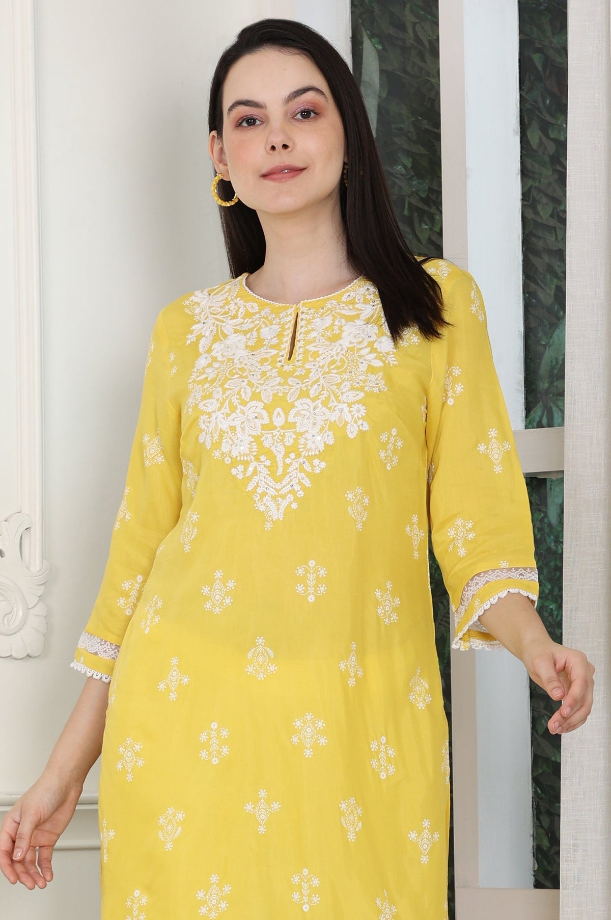 W for Woman Yellow Floral Printed Dull Shantung Chikankari Straight Kurta | Grocsy