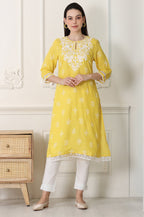 W for Woman Yellow Floral Printed Dull Shantung Chikankari Straight Kurta | Grocsy
