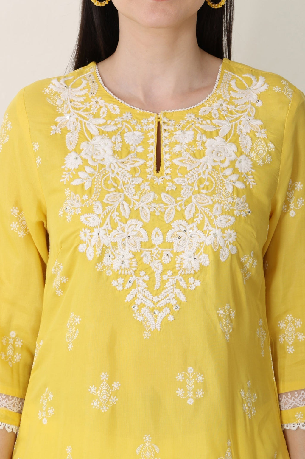 W for Woman Yellow Floral Printed Dull Shantung Chikankari Straight Kurta | Grocsy