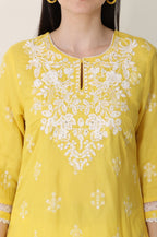 W for Woman Yellow Floral Printed Dull Shantung Chikankari Straight Kurta | Grocsy