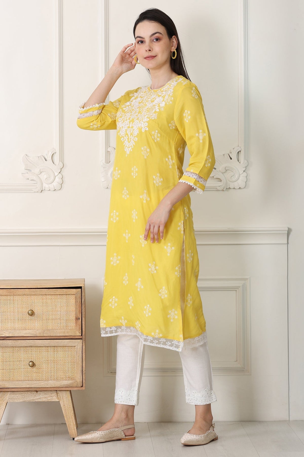 W for Woman Yellow Floral Printed Dull Shantung Chikankari Straight Kurta | Grocsy