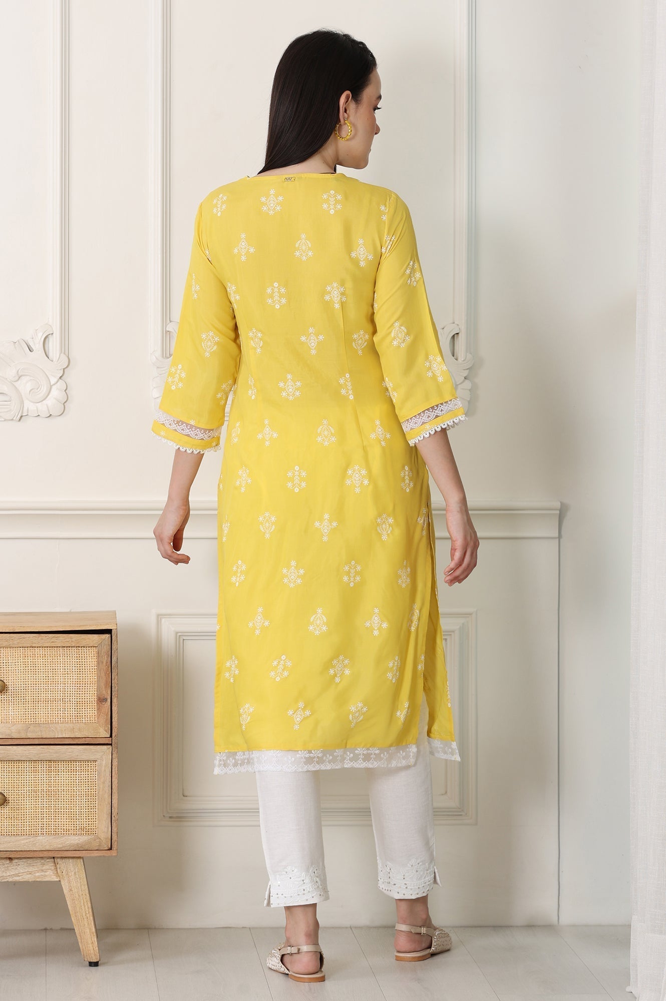 W for Woman Yellow Floral Printed Dull Shantung Chikankari Straight Kurta | Grocsy