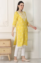W for Woman Yellow Floral Printed Dull Shantung Chikankari Straight Kurta | Grocsy
