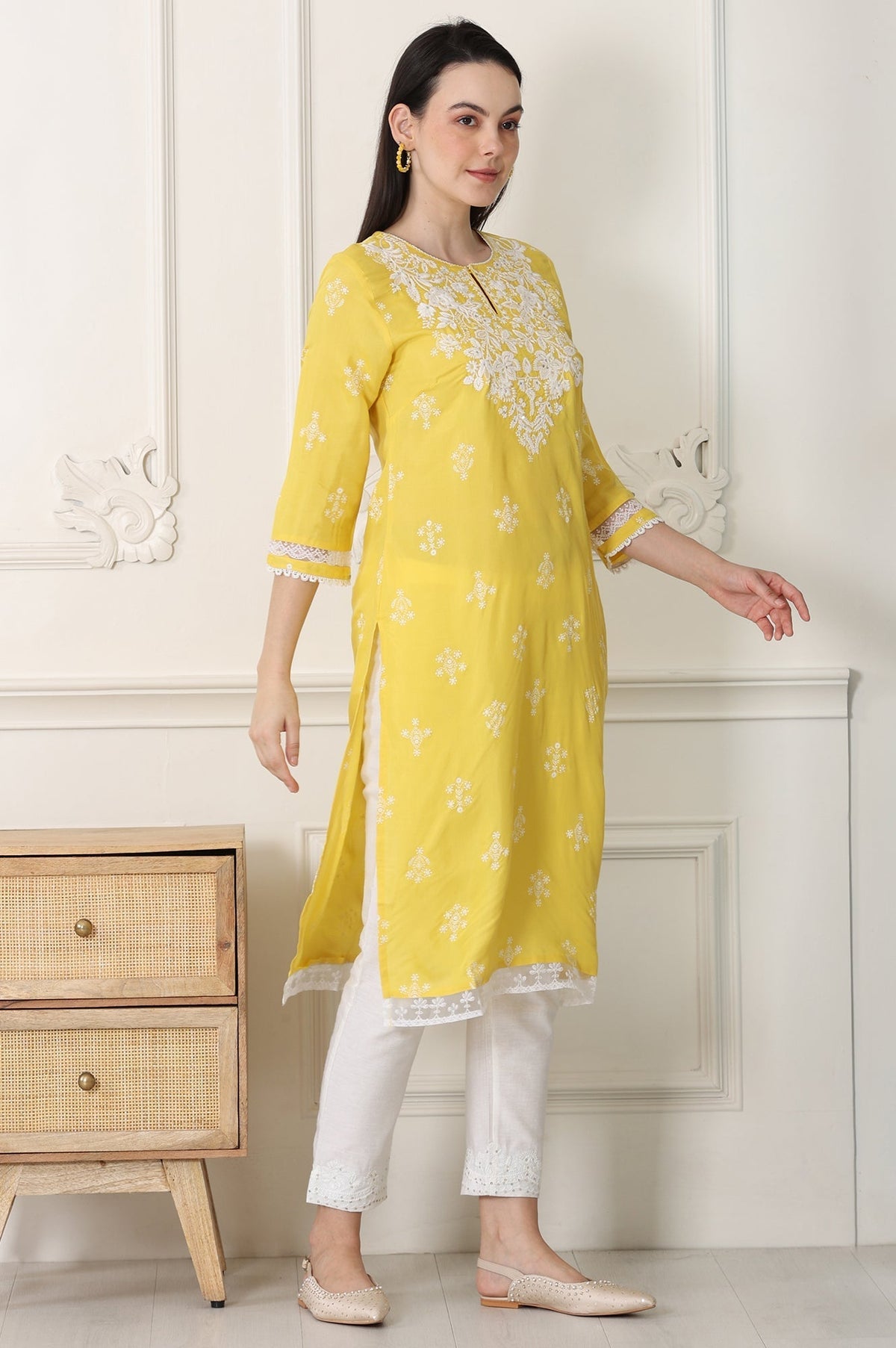 W for Woman Yellow Floral Printed Dull Shantung Chikankari Straight Kurta | Grocsy
