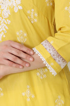 W for Woman Yellow Floral Printed Dull Shantung Chikankari Straight Kurta | Grocsy