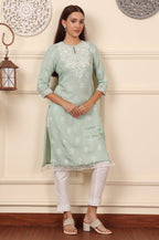 W for Woman Mint Green Floral Printed Chikankari Straight Kurta | Grocsy