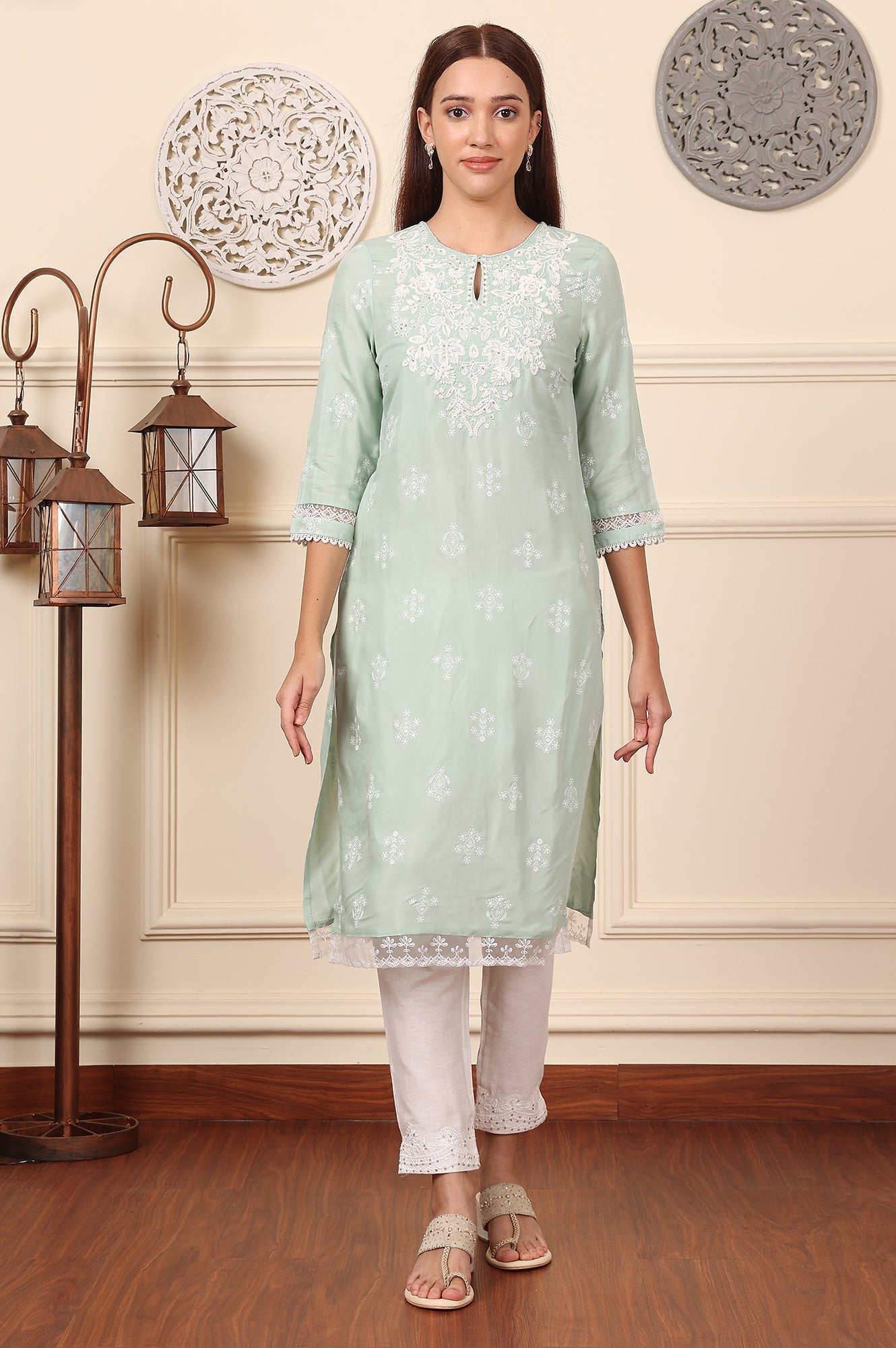 W for Woman Mint Green Floral Printed Chikankari Straight Kurta | Grocsy