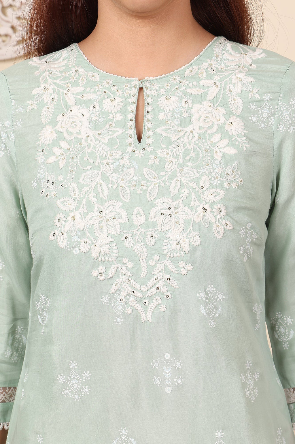 W for Woman Mint Green Floral Printed Chikankari Straight Kurta | Grocsy