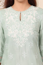 W for Woman Mint Green Floral Printed Chikankari Straight Kurta | Grocsy