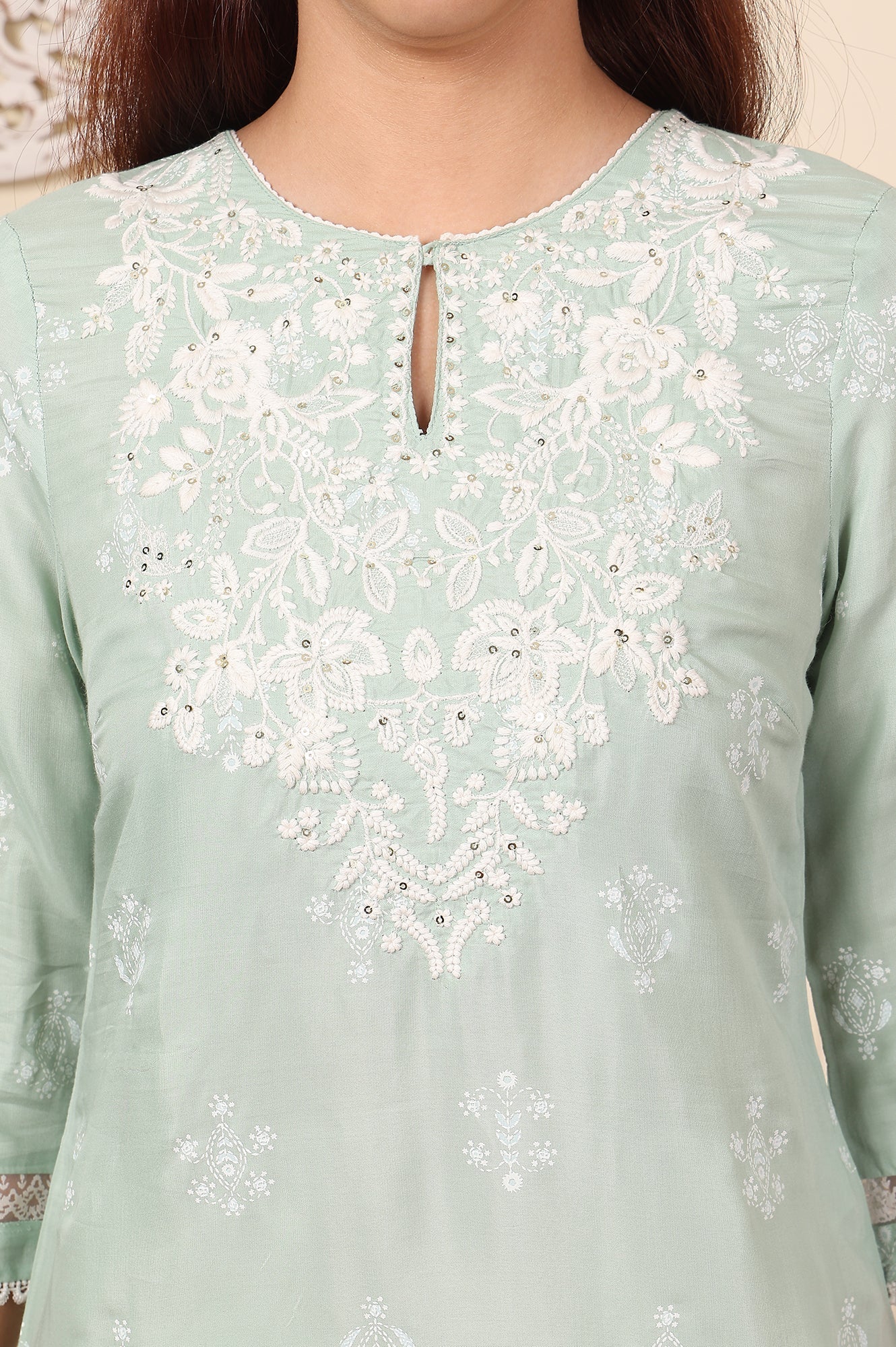 W for Woman Mint Green Floral Printed Chikankari Straight Kurta | Grocsy