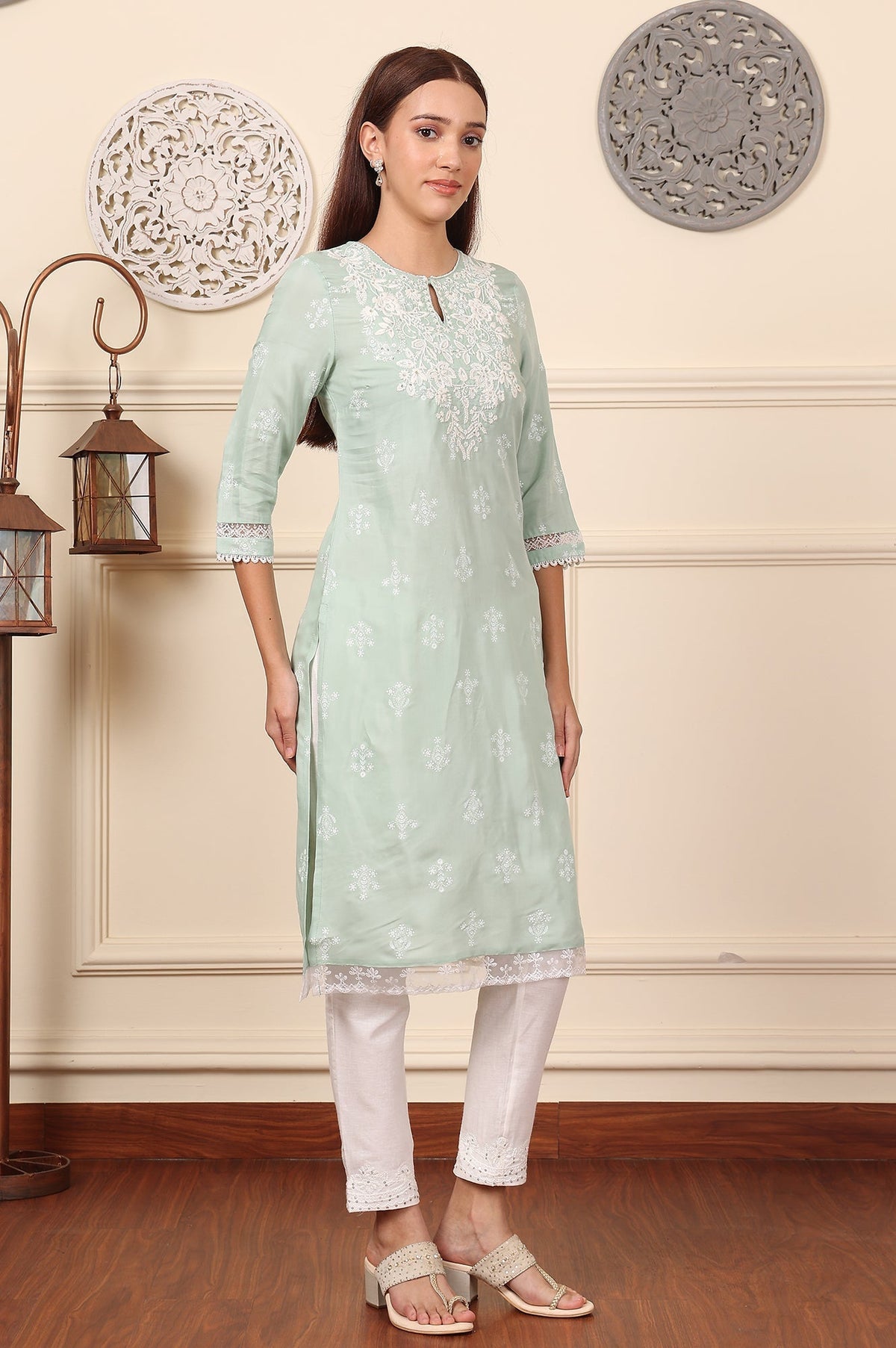 W for Woman Mint Green Floral Printed Chikankari Straight Kurta | Grocsy