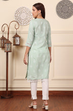 W for Woman Mint Green Floral Printed Chikankari Straight Kurta | Grocsy