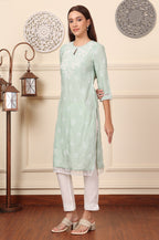 W for Woman Mint Green Floral Printed Chikankari Straight Kurta | Grocsy