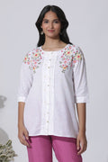 W for Woman White Embroidered Cotton Top With Pintucks | Grocsy