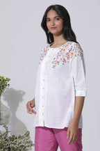 W for Woman White Embroidered Cotton Top With Pintucks | Grocsy