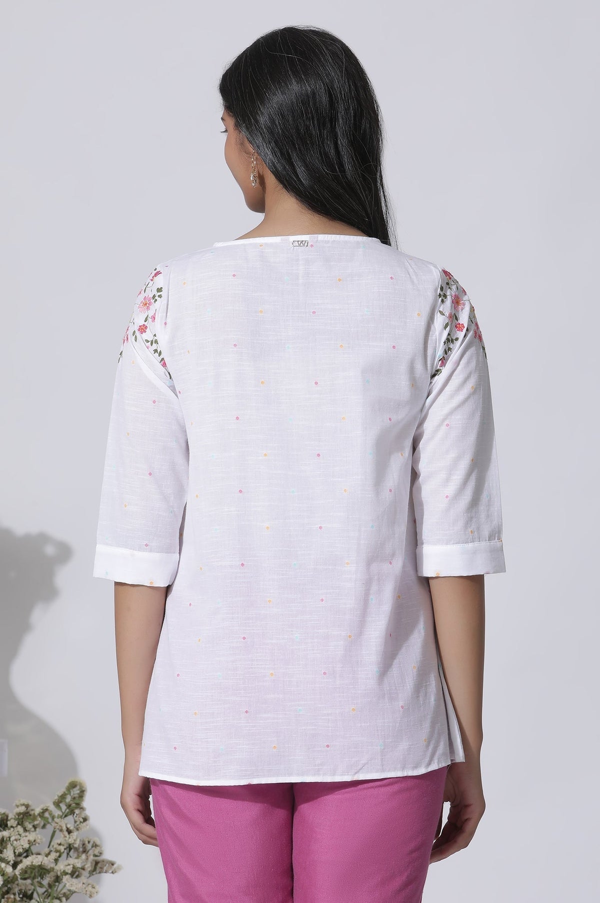 W for Woman White Embroidered Cotton Top With Pintucks | Grocsy