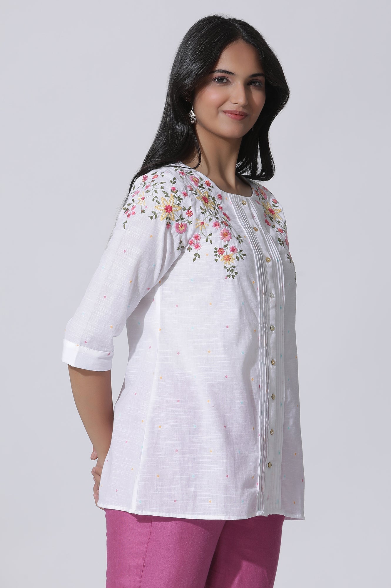 W for Woman White Embroidered Cotton Top With Pintucks | Grocsy