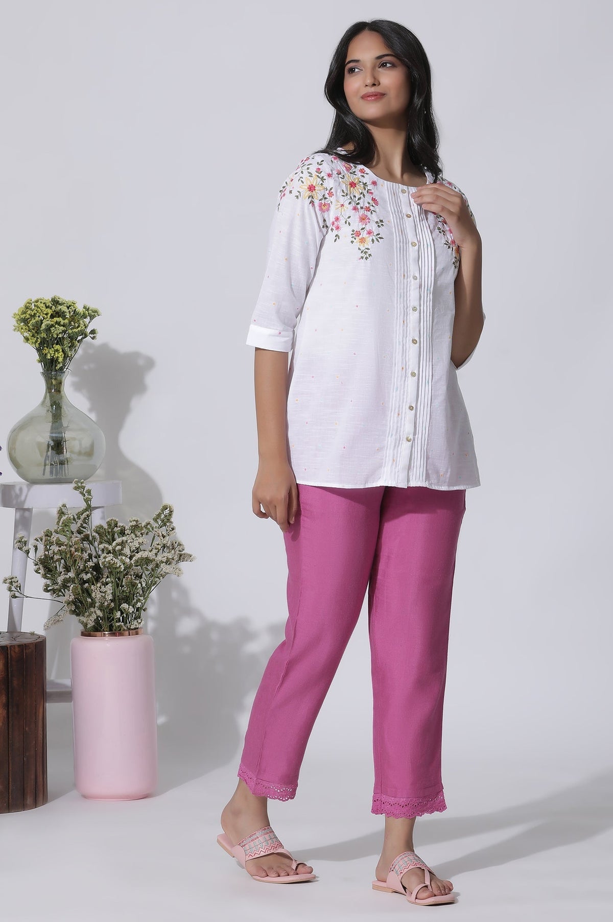 W for Woman White Embroidered Cotton Top With Pintucks | Grocsy